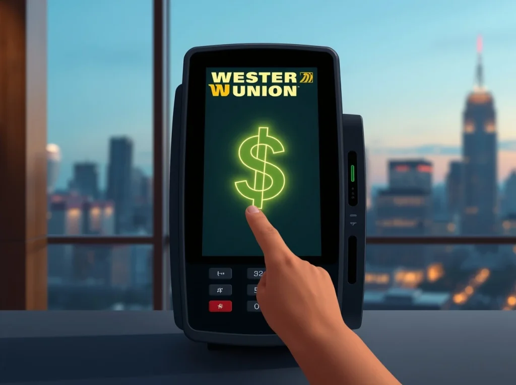 USDPT stablecoin on Western Union terminal in financial office setting