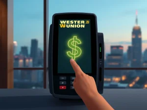 USDPT stablecoin on Western Union terminal in financial office setting