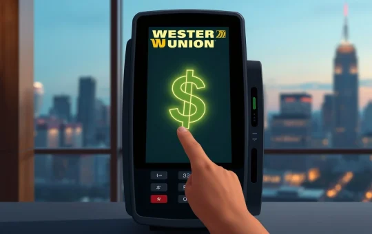 USDPT stablecoin on Western Union terminal in financial office setting