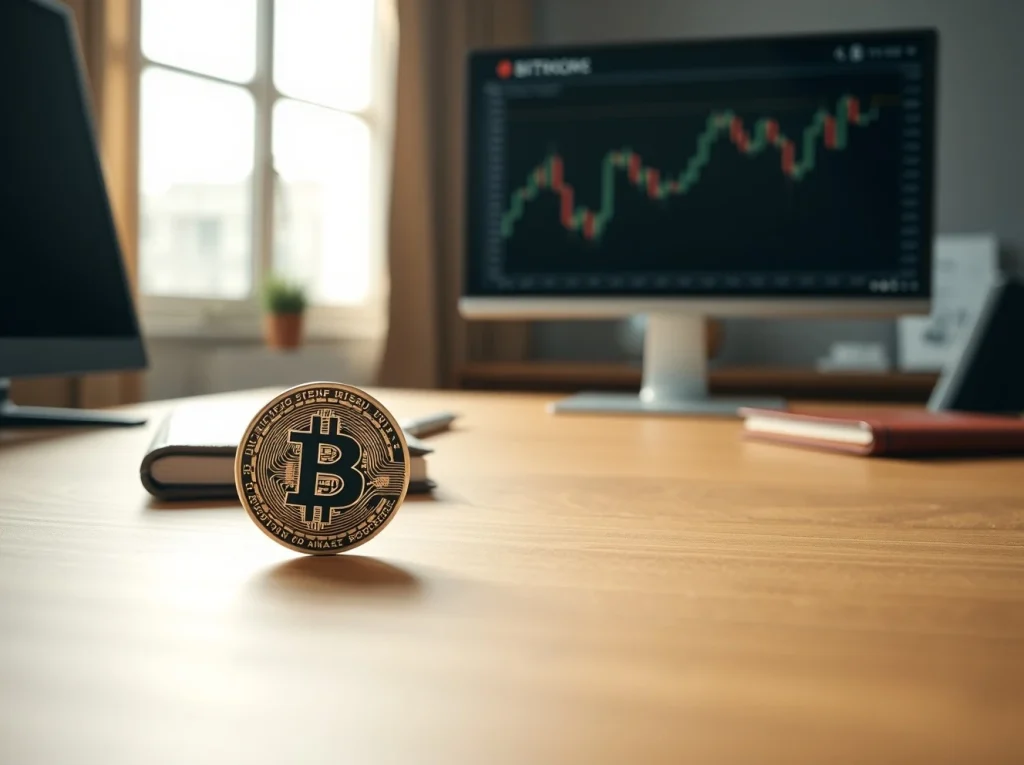 Bitcoin coin on a wooden desk in a professional office setting with soft natural lighting