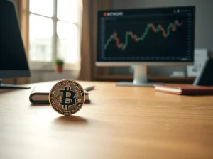 Bitcoin coin on a wooden desk in a professional office setting with soft natural lighting