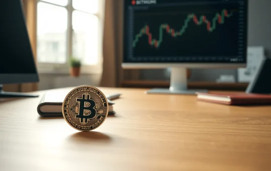 Bitcoin coin on a wooden desk in a professional office setting with soft natural lighting