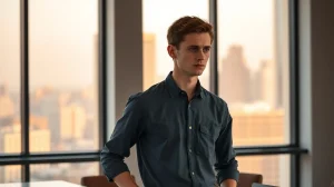 Vitalik Buterin standing in a modern office, looking serious, with soft natural lighting and a blurred city skyline background.