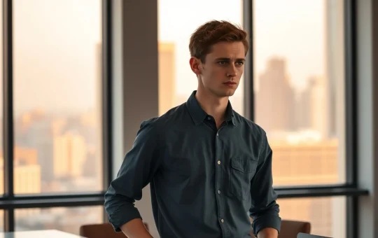 Vitalik Buterin standing in a modern office, looking serious, with soft natural lighting and a blurred city skyline background.