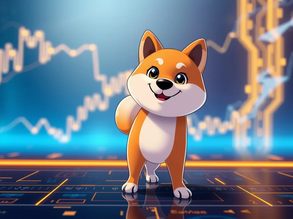 Wadoozie mascot standing on a digital platform with blockchain patterns