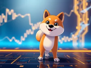 Wadoozie mascot standing on a digital platform with blockchain patterns