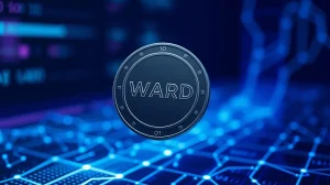 A futuristic digital token with WARD inscription floating above a glowing blockchain network in a dim tech environment.