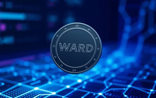 A futuristic digital token with WARD inscription floating above a glowing blockchain network in a dim tech environment.