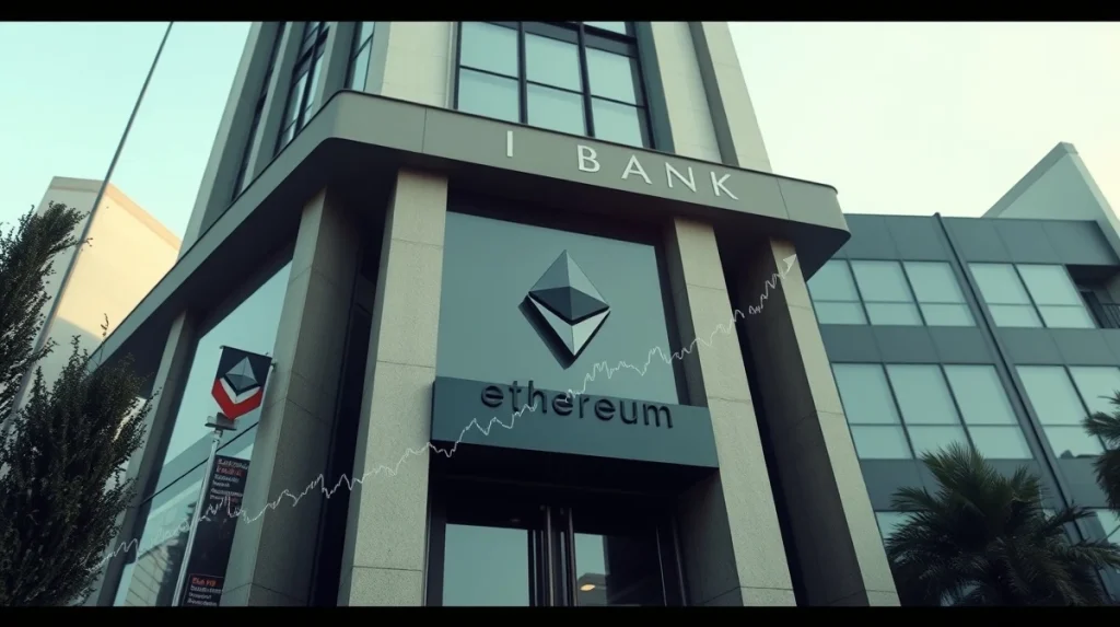 Wells Fargo bank building with Ethereum symbols and financial charts overlay representing institutional crypto ETF investment