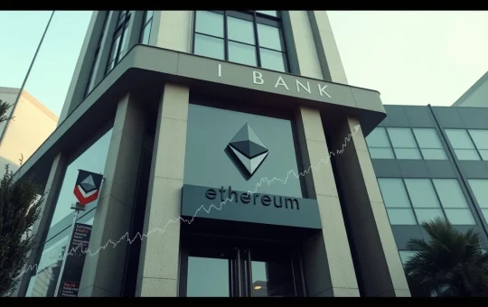 Wells Fargo bank building with Ethereum symbols and financial charts overlay representing institutional crypto ETF investment