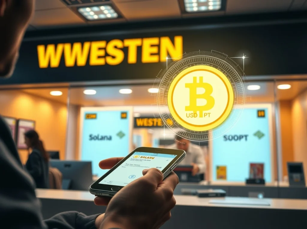 Western Union counter with digital Solana blockchain and USDPT stablecoin hologram on a smartphone