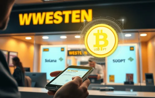 Western Union counter with digital Solana blockchain and USDPT stablecoin hologram on a smartphone
