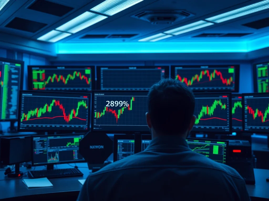 Financial trading desk with monitors showing a sharp spike in cryptocurrency whale transaction data