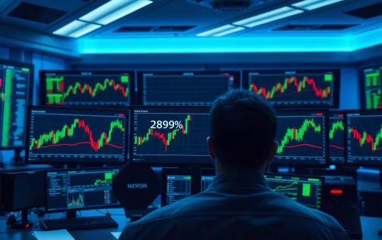 Financial trading desk with monitors showing a sharp spike in cryptocurrency whale transaction data