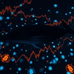 A digital whale swimming through a storm of cryptocurrency charts and symbols, representing whale activity in a shifting market.
