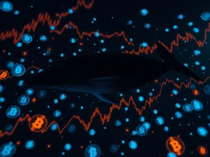 A digital whale swimming through a storm of cryptocurrency charts and symbols, representing whale activity in a shifting market.