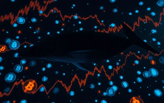 A digital whale swimming through a storm of cryptocurrency charts and symbols, representing whale activity in a shifting market.