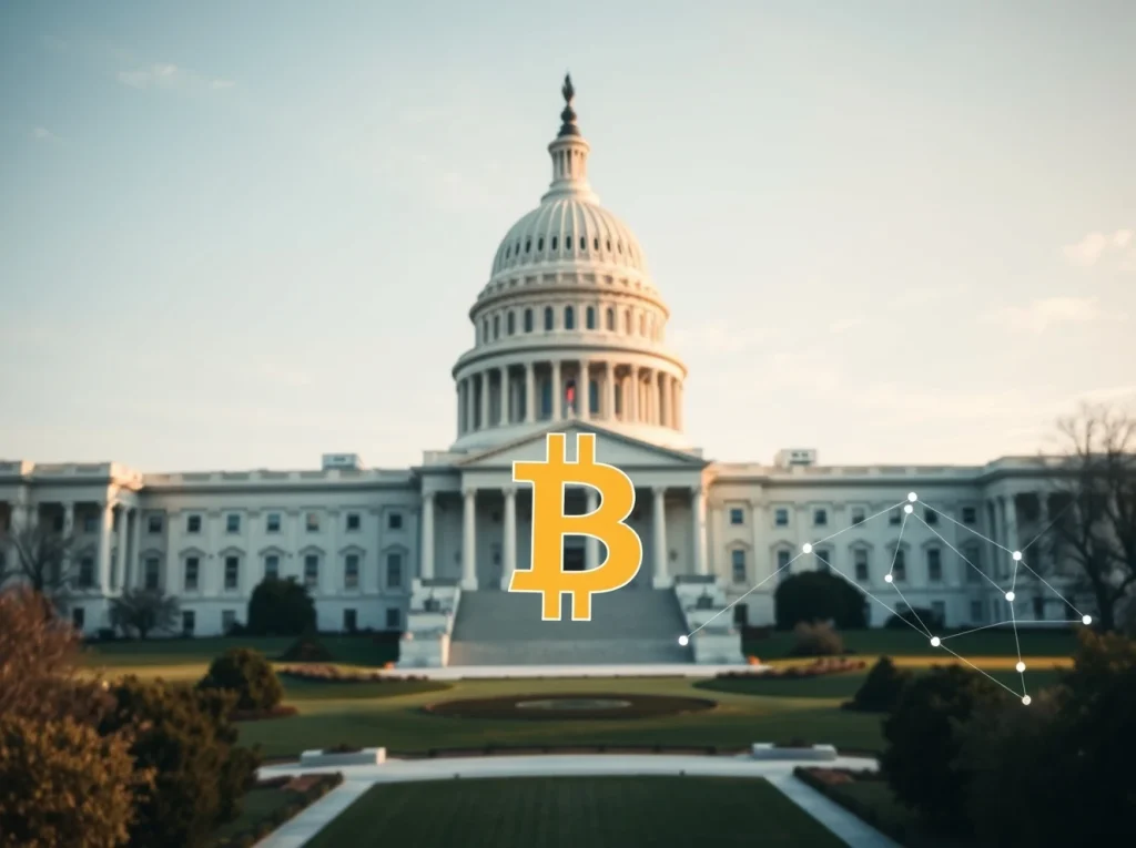 U.S. Capitol building with digital Bitcoin and blockchain overlay representing crypto policy discussions