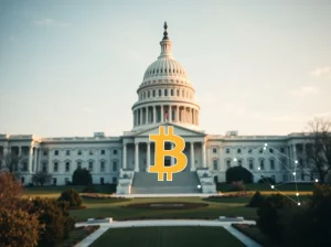 U.S. Capitol building with digital Bitcoin and blockchain overlay representing crypto policy discussions