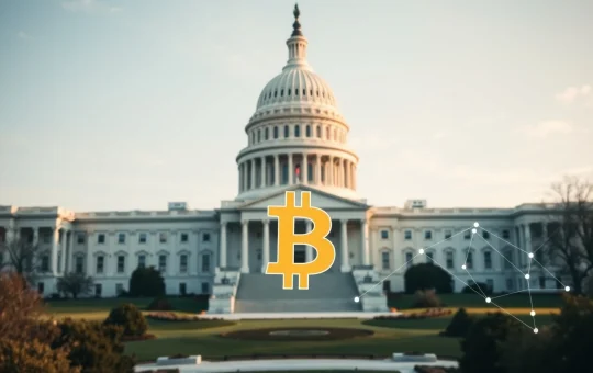 U.S. Capitol building with digital Bitcoin and blockchain overlay representing crypto policy discussions