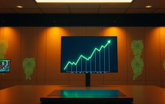 Digital stock display showing WLFI price chart with upward trend and AI-themed background