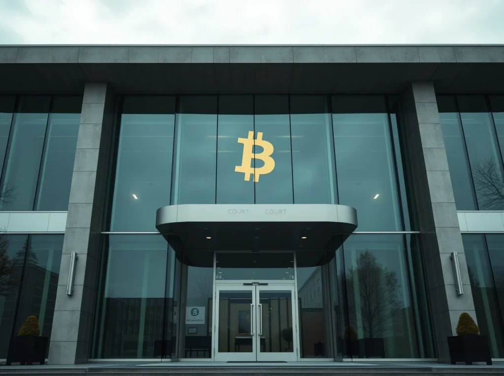 Courthouse exterior with subtle cryptocurrency reflection, representing the WLFI defamation lawsuit against Justin Sun.