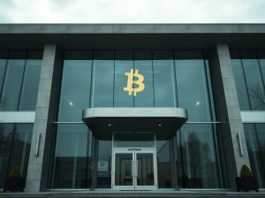 Courthouse exterior with subtle cryptocurrency reflection, representing the WLFI defamation lawsuit against Justin Sun.