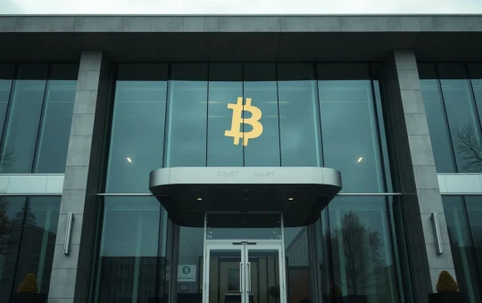 Courthouse exterior with subtle cryptocurrency reflection, representing the WLFI defamation lawsuit against Justin Sun.