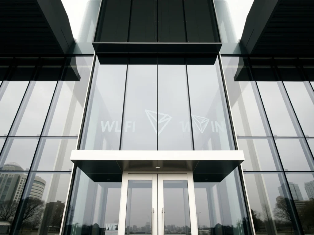 Exterior of a modern courthouse with cryptocurrency symbols reflected in the glass, representing the World Liberty Financial lawsuit against Justin Sun.