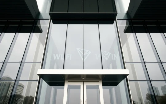 Exterior of a modern courthouse with cryptocurrency symbols reflected in the glass, representing the World Liberty Financial lawsuit against Justin Sun.
