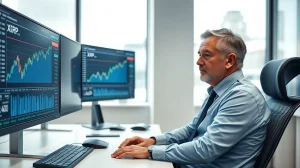 Banking systems engineer analyzing XRP price charts on multiple monitors in a modern office