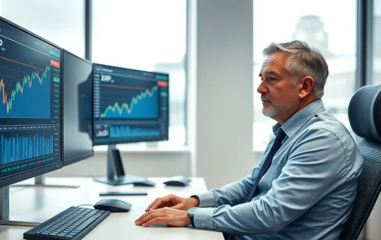 Banking systems engineer analyzing XRP price charts on multiple monitors in a modern office