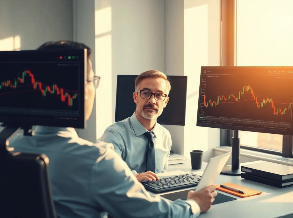 Financial analyst examining XRP and Bitcoin cryptocurrency market data and Sharpe Ratio metrics on computer screens