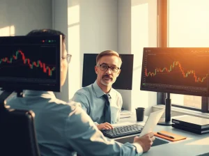 Financial analyst examining XRP and Bitcoin cryptocurrency market data and Sharpe Ratio metrics on computer screens