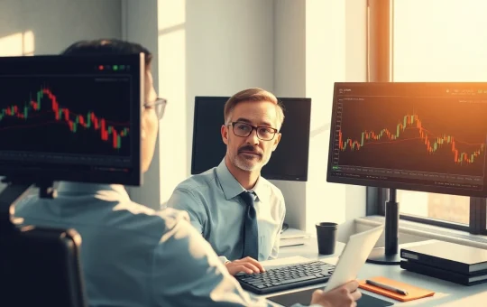 Financial analyst examining XRP and Bitcoin cryptocurrency market data and Sharpe Ratio metrics on computer screens