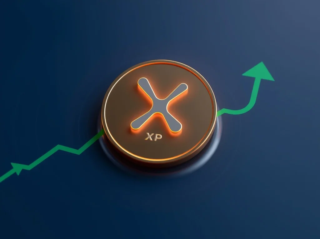 XRP token with Fibonacci targets and upward arrows representing a bullish breakout pattern