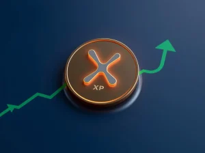 XRP token with Fibonacci targets and upward arrows representing a bullish breakout pattern