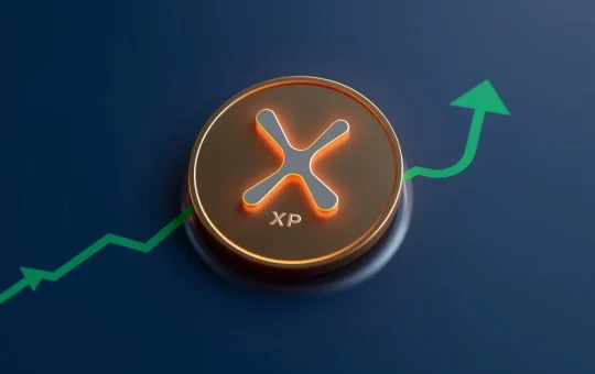 XRP token with Fibonacci targets and upward arrows representing a bullish breakout pattern