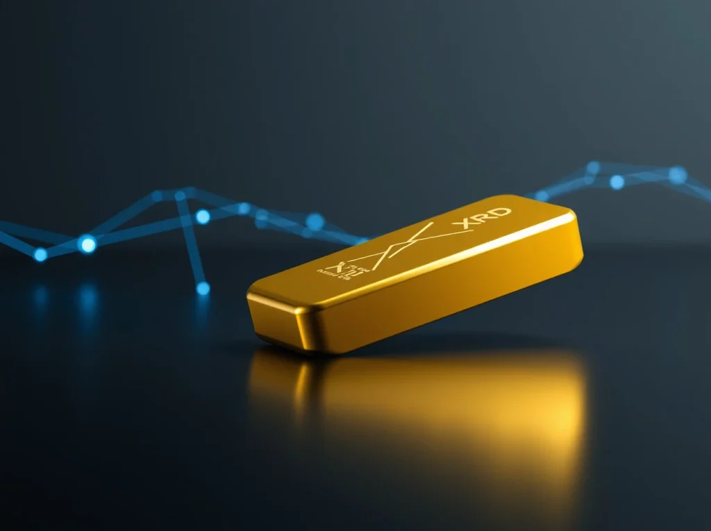 Gold bar with digital XRP network lines representing a potential gold-backed digital currency