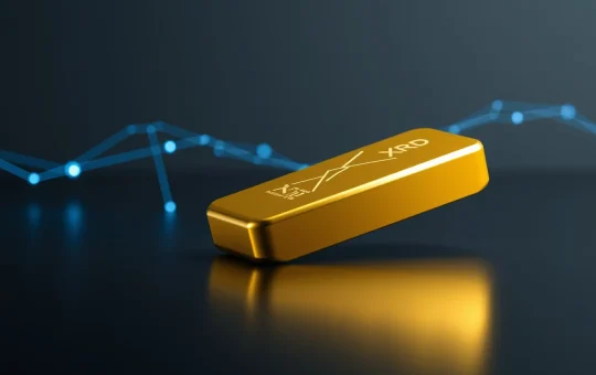 Gold bar with digital XRP network lines representing a potential gold-backed digital currency