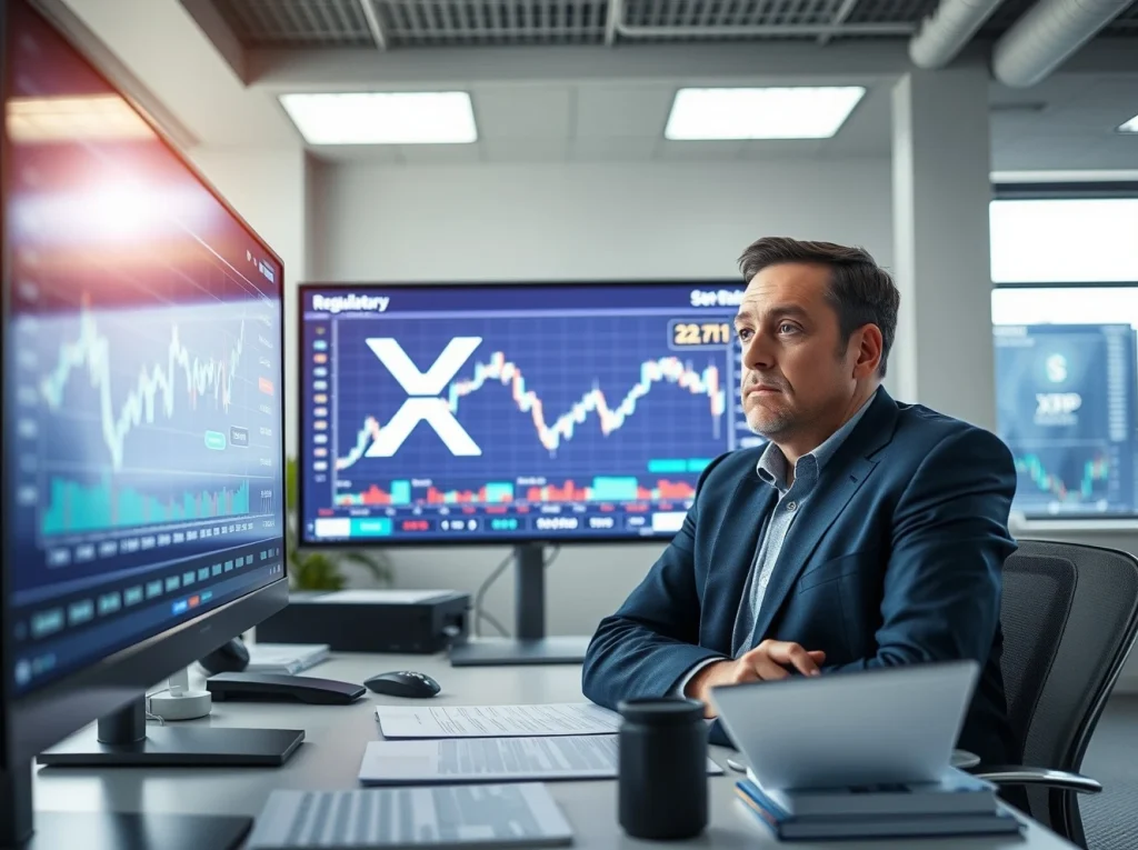 Financial analyst reviewing XRP price charts and regulatory documents in a modern office setting