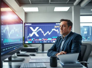 Financial analyst reviewing XRP price charts and regulatory documents in a modern office setting