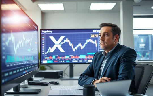 Financial analyst reviewing XRP price charts and regulatory documents in a modern office setting