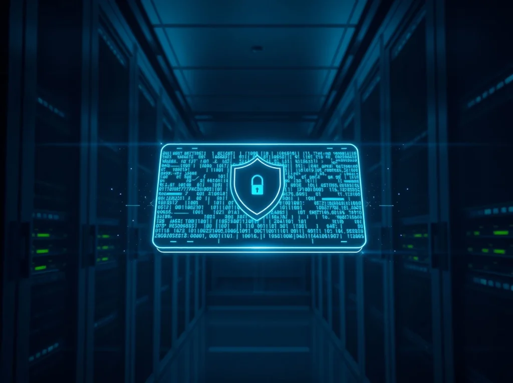 XRP Ledger quantum readiness concept with a secure digital ledger interface in a high-tech server room.