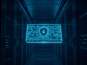 XRP Ledger quantum readiness concept with a secure digital ledger interface in a high-tech server room.