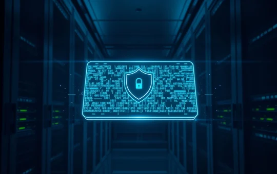XRP Ledger quantum readiness concept with a secure digital ledger interface in a high-tech server room.