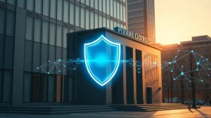 Digital privacy shield over a modern financial building representing XRP Ledger zero-knowledge technology