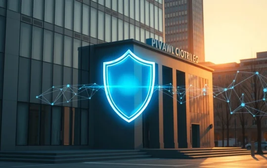 Digital privacy shield over a modern financial building representing XRP Ledger zero-knowledge technology