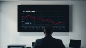 Digital trading screen showing XRP liquidity index dropping to 0.043