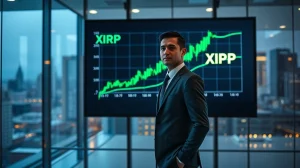 Financial analyst in office with XRP price chart showing upward trend on screen